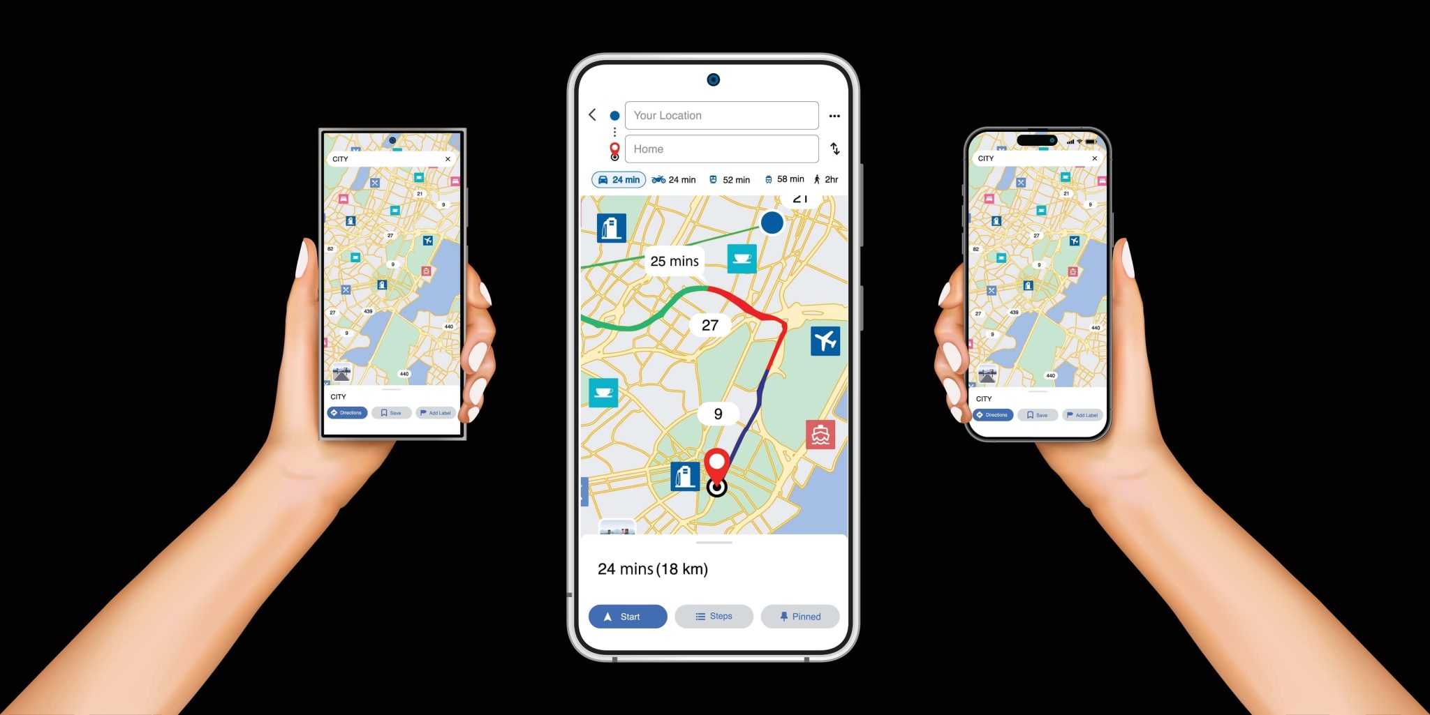 How to Track an iPhone with an - Hands Holding Smart Phone With Map Direction And Marker. Mobile GPS Navigation And Tracking Concept. Realistic Hand Holds Smartphone With Map Isolated Vector Illustration 2048x1025 